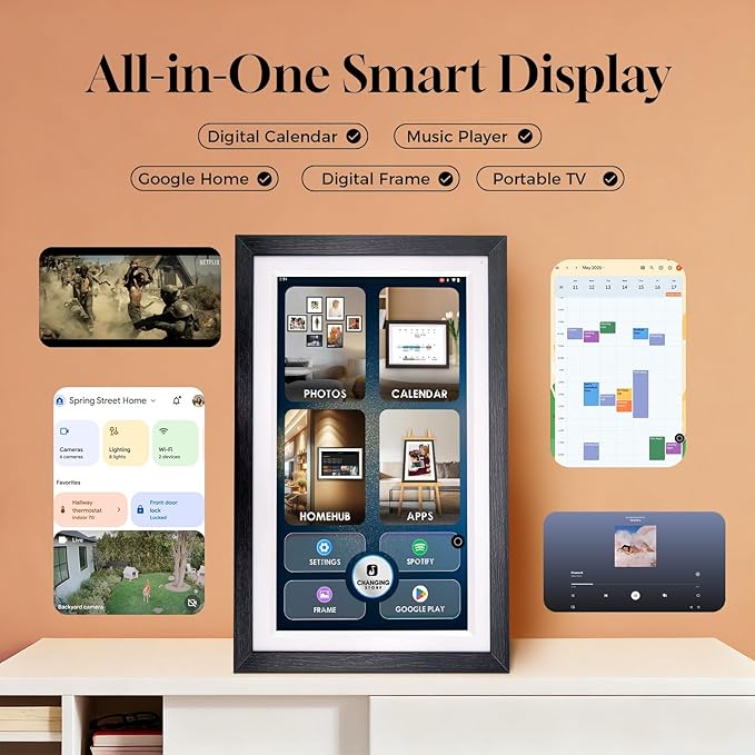 15.6" Digital Google Calendar+Pen,No Subscription|All-in-one Smart Display:Photo Frame,Google Play Apps,Voice Assistant,Home Hub,Streaming|Built-in Battery|Wall&Desk|Anti-Glare Touchscreen|Walnut Wood