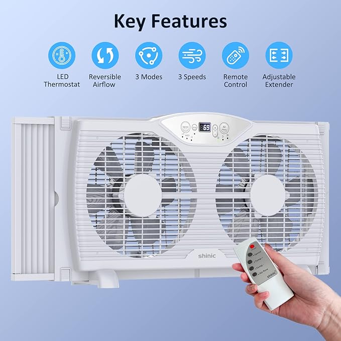 shinic Twin Window Fan with Reversible Airflow, Thermostat Controlled, 3 Speeds & 3 Functions(Exhaust, Intake & Circulate), 23.8" - 37" Expandable Width for Home Kitchen Use