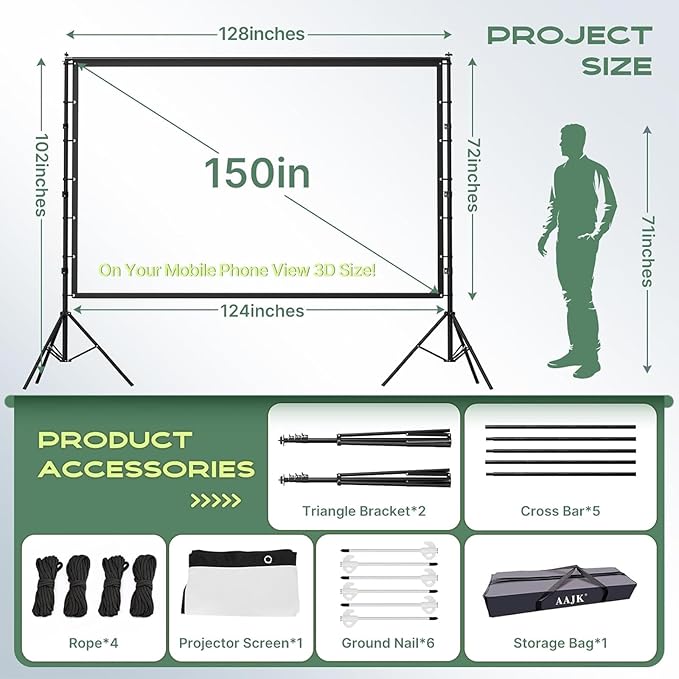 AAJK 150in Projector Screen with Stand, Portable 16:9 4K HD Indoor Outdoor Projection Screen with Wrinkle-Free Design, Ideal for Home Theater and Backyard Cinema – Includes Carry Bag