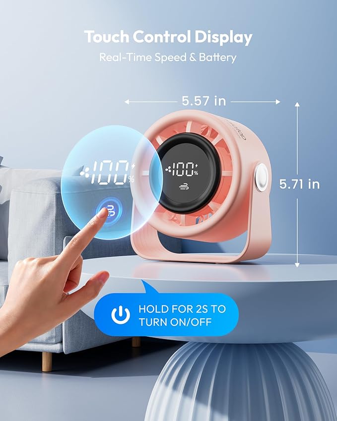 Gaiatop Small Desk Fan Rechargeable, 5in Personal Fan 4000mAh Battery Powered, Touch Control LED Display, 360° Tilt, 5-Speed Strong Wind, Bedroom Dorm Office Desk Accessories, Gifts for Women Girls