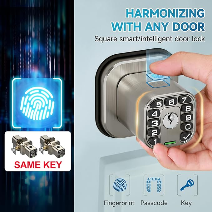 Richelock Fingerprint Door knob, Smart Biometric Door Lock with Keypad, Keyless Entry Code Door Knob, Waterproof & Weatherproof, Auto Lock,Voice Navigation, for Bedroom, Gate,Office