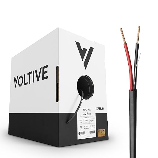 Voltive 12/2 Speaker Wire, Riser CL3R, Black, 500ft - 12AWG, 2 Conductors, Stranded Oxygen-Free Copper, UL Listed - V-1267-1