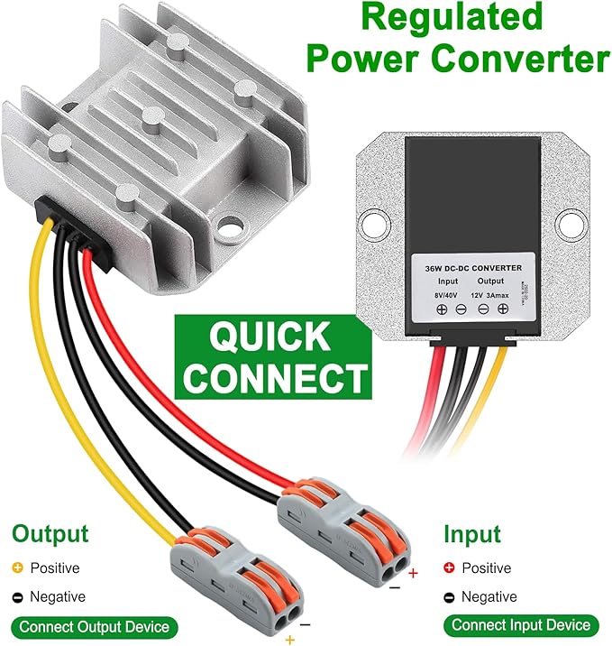 DC 8-40V to 12V Converter 3A 36W Regulated Voltage Power Converter IP68 Waterproof Transformer for Golf Cart Truck Boat Vehicle