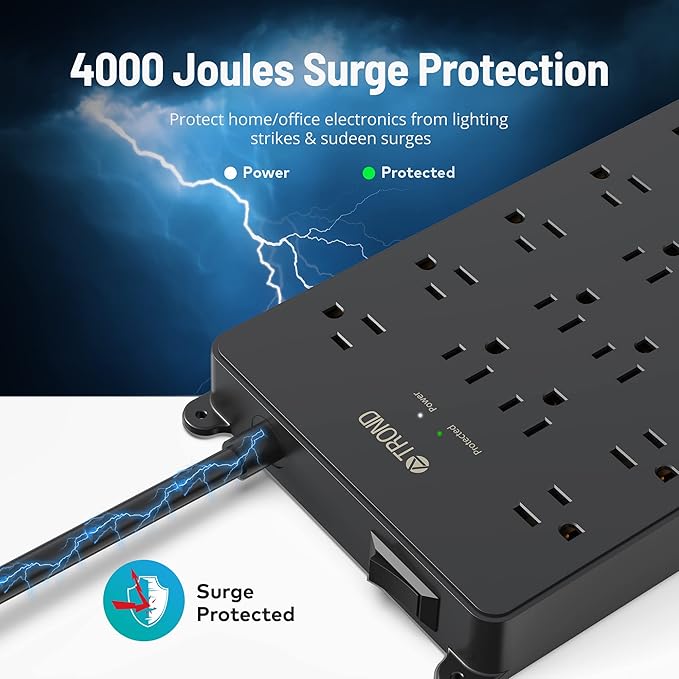 TROND Surge Protector Power Strip with USB Ports, 5ft Flat Plug Extension Cord, 22 Widely Spaced Outlets with 4 USB, 4000 Joules, 14AWG Heavy Duty, ETL Listed, Wall Mountable for Home Office, Black