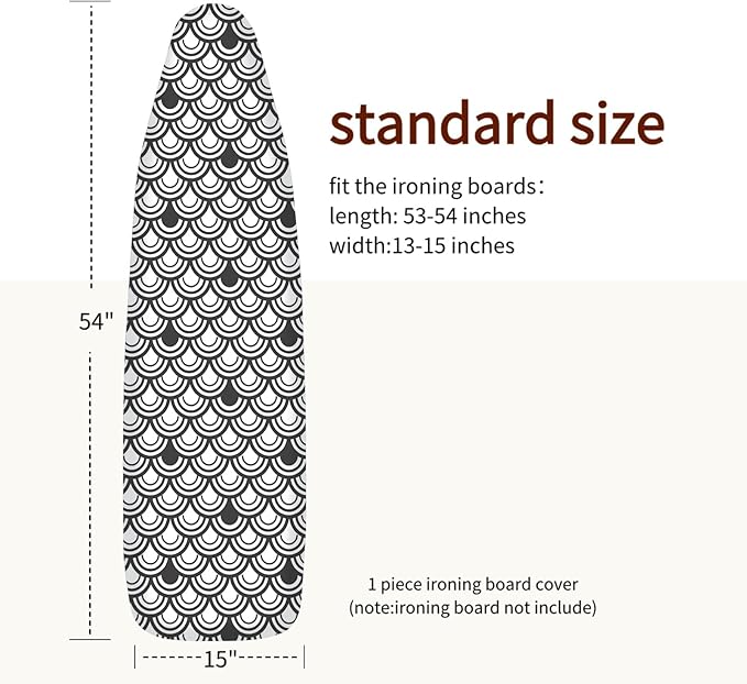 Bumkimue Ironing Board Cover and Pad, Standard Size 15x54 Inches, Blue Floral Pattern, Heavy Duty Padded, Elastic Edge, Scorch Resistant (Black and White Shell Shape)