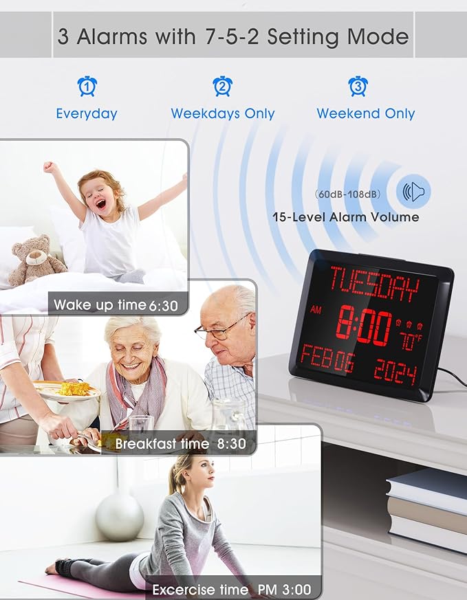 Digital Clock Large Display 11.5", Calendar Clock with Date,Time,Day of Week,Temperature,2 USB Chargers,3 Alarms,5Dimmer& 12/24H,Wall clock/Desk clock for Seniors,Dementia,Memory Loss,Impaired Vision