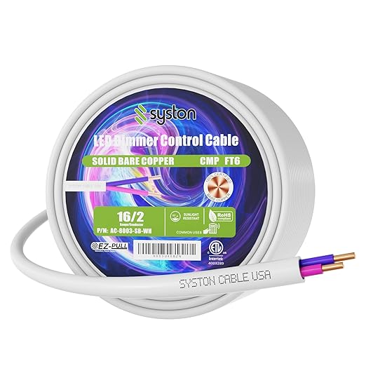 Syston Cable Technology 18/2 LED Lighting Dimmer Dimming Luminaire Control Wire Cable,18 AWG 2 Conductors Solid Bare Copper Unshielded Plenum Rated CMP CL3P FT6, for Ballast Wiring and Connection