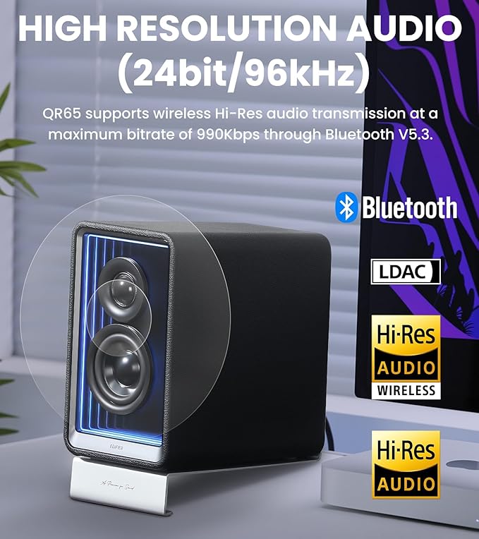Edifier QR65 Desktop Active Monitor with 2.75" Long-Throw Aluminum Diaphragm mid-Low Drivers, Hi-Res Audio, Brilliant Light Effects, 70W Output Power Bluetooth Speakers with Stands - Black