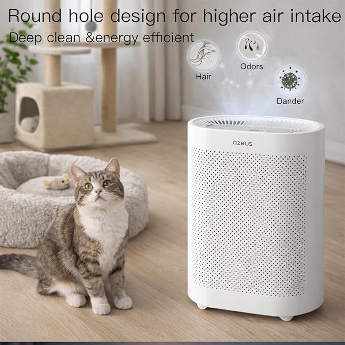 Azeus FS32 True HEPA Air Purifier for Large Rooms, White, High CADR 400m³/h, Smoke Dust Pet Dander Removal, Auto Mode with Air Quality Sensor