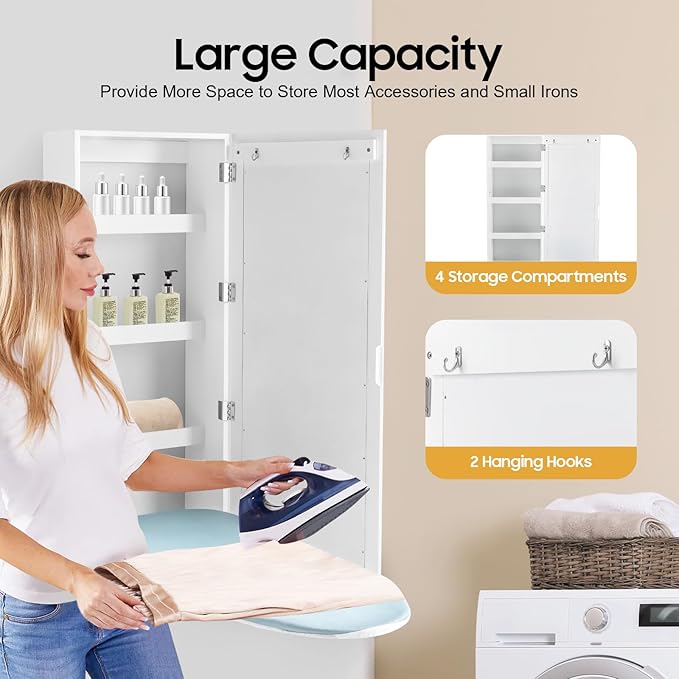 Ropoana Wall Mount Ironing Board Cabinet, Built-in Swivel Ironing Board Foldable with Storage, Wall Hanging with Mirror, Foldable Iron Storage Station for Home, Apartment, Checkrooms, White