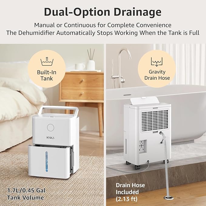 KNKA 1600 sq.ft Dehumidifier for Basement, Max 21 Pint Dehumidifiers for Home with Drain Hose, Continuous Drainage, Washable Filter, Intelligent Humidistat for Bedroom, Bathroom, Large Room