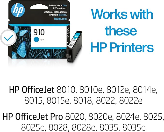 HP 910 Cyan Ink Cartridge | Works with OfficeJet 8010, 8020 Series, OfficeJet Pro 8020, 8030 Series | Eligible for Instant Ink | 3YL58AN