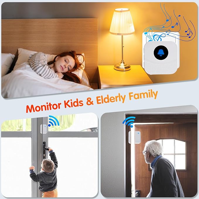 KOOSTONE Wireless Door Chime & Window Sensor Alarm - 600Ft Long Range Door Sensor for Business and Home Security Door Chime with 55 Ringtones, 5 Volume Levels, Easy Install (1 Receiver & 2 Sensors)