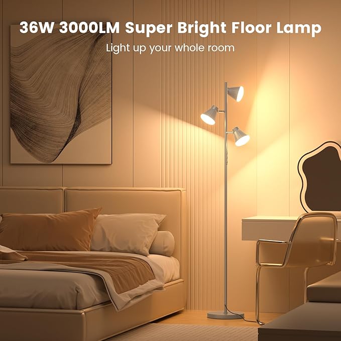 SIBRILLE 36W LED Tree Floor Lamp, Dimmable Tall Standing Lamp with Remote & Touch Control, 4 Color Temperatures Bright Floor Lamp, 3 Rotatable Light Modern Floor Lamps for Living Room Bedroom Office