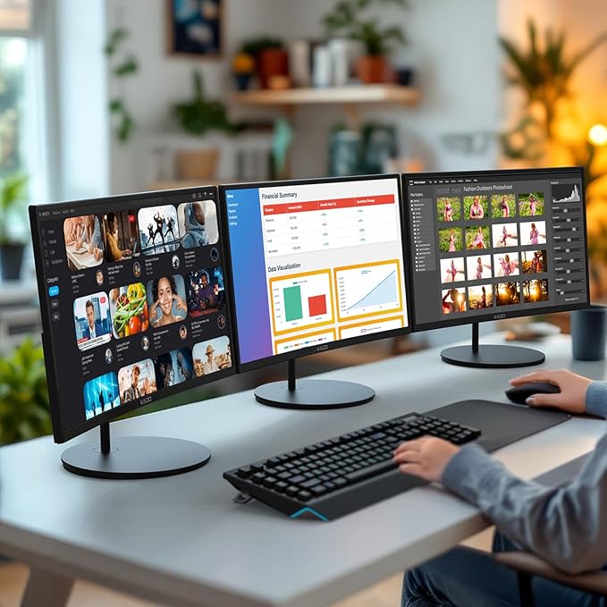 Kado Triple Monitor Setup - 3-Pack 24" Curved 1920x1080 Computer Monitor 1500R 75Hz VESA Mount HDMI Office Gaming Hybrid Built-in Speakers (C24X Trio Series)
