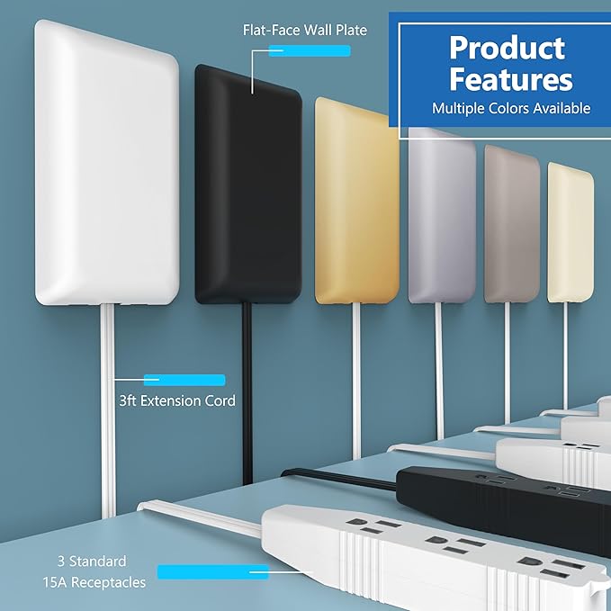 LIDER Flat-Face Outlet Extender with 3 Receptacles, Ultra-Thin Wall Plate Plug with Cord Extender and 3-Outlet Power Strip, 3ft Cord, LWE3-315-BK2P, ETL-Listed, Black, 2 Pack