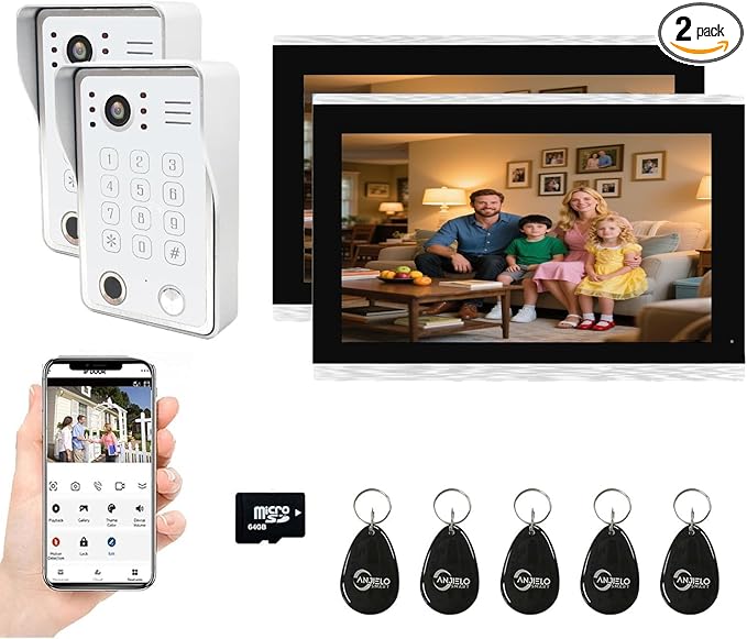 Wired Video Door Phone Kit Apartment Intercom System,10 Inch Touch Screen Monitor(Silver)with 1080P HD Doorbell Camera,Supporting Motion Detecting 5 in 1 Unlcking (2 Doorbell + 2 Monitor)