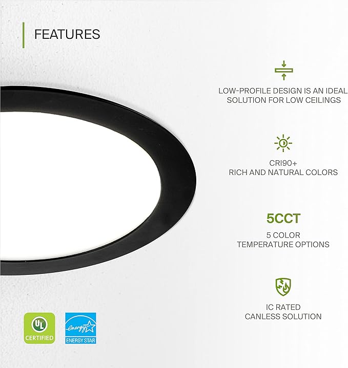 ASD 4 Pack 8 Inch LED Recessed Light 20W, 5 CCT 2700K-5000K CRI90+, IC Rated Ultra Thin Dimmable Ceiling Lights with J Box, Canless Wafer Downlight, Round Slim Panel Lighting, UL Listed, Black