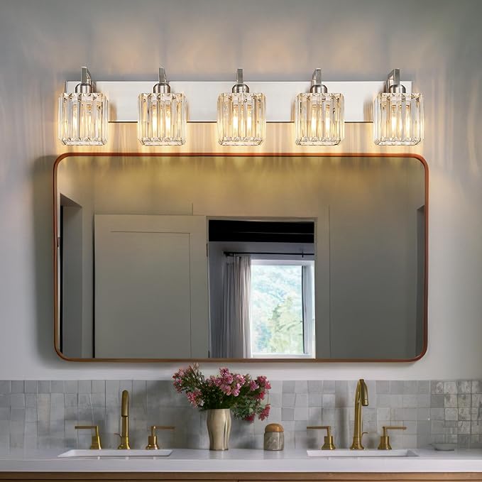 FDPBY Modern Bathroom Vanity Light 5-Lights Brushed Nickel Vanity Light Crystal Wall Light Bathroom Light Fixtures