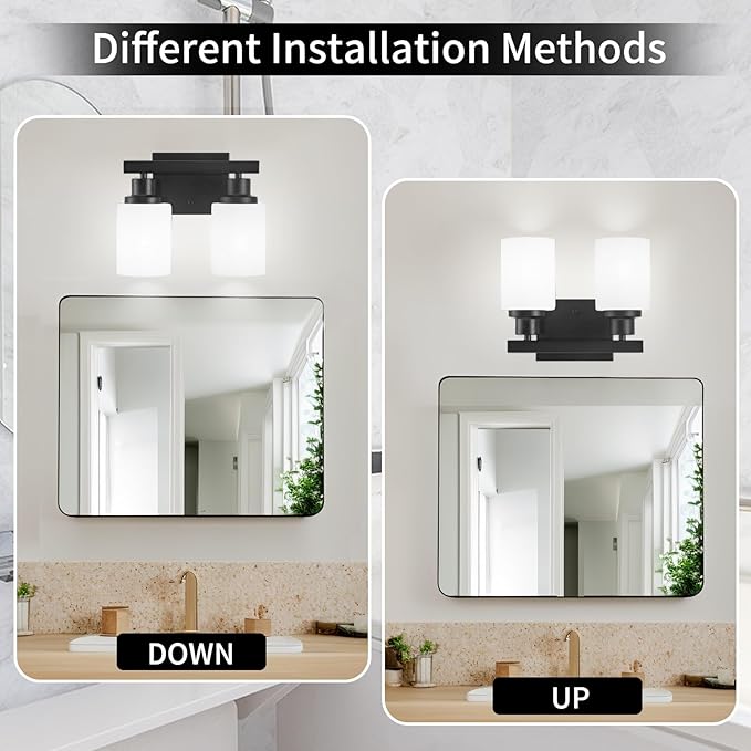DIKAIDA Bathroom Light Fixtures Over Mirror, 2-Light Modern Matte Black Vanity Lights with White Frosted Glass Shade, Bathroom Wall Lamp Sconces for Mirror Bedroom, Living Room Hallway Small Space