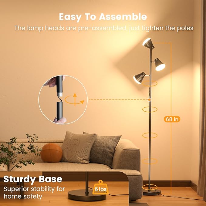 SIBRILLE 36W LED Tree Floor Lamp, Dimmable Tall Standing Lamp with Remote & Touch Control, 4 Color Temperatures Bright Floor Lamp, 3 Rotatable Light Modern Floor Lamps for Living Room Bedroom Office