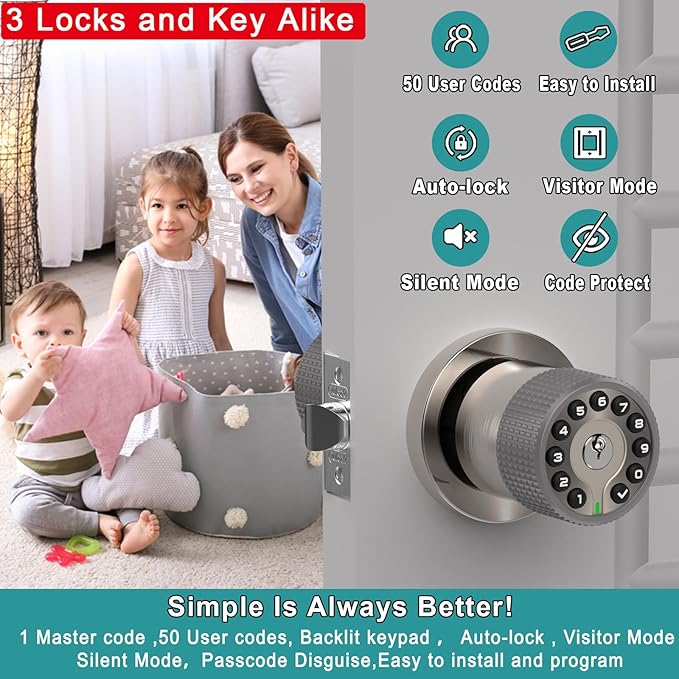 BOTHSTAR Keypad Door Knob with Key,Keyless Entry Door Lock, Code Locks Door Knob, Auto Lock,50 User Code,Easy to Install,for Home,Office,Hotel,Bedroom,Garage,No Deadbolt(3 Pack Nickel Key Alike)