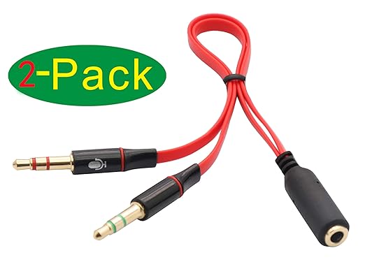 zdyCGTime 3.5mm AUX Headphone Y Splitter Cable 4-Pole 3.5mm AUX Female to 3-Pole 2x3.5mm Male Headset Mic & Stereo Audio Cable for PC Computer and Old Version Laptop Y Audio Flat Cable (20CM) (Red)