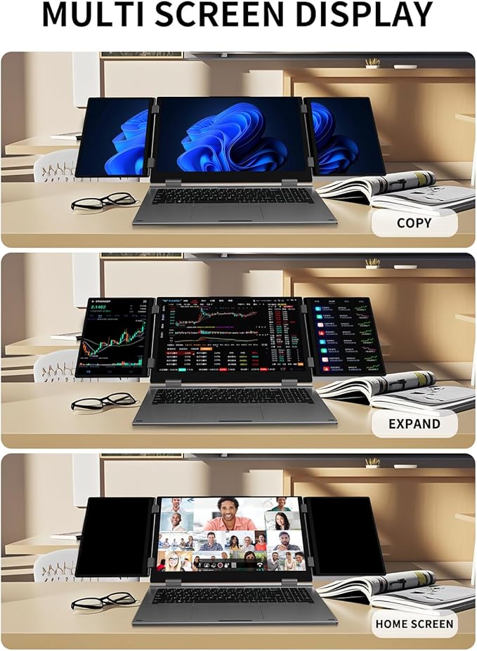 KOOFORWAY Triple Screen Laptop,16” Main + Dual 10.5” Monitors, Core i7-12700H, 32GB RAM,2TB SSD, Win 11 Pro,Wi-Fi 5,BT 5.0,Face & Fingerprint Unlock,USB-C,HDMI for Business/Design/Stock Trading