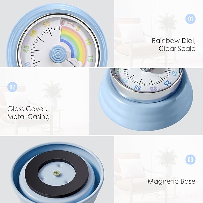 Teeloray Visual Timer for Kids Rainbow Kitchen Timer with Magnetic Base 60-Minute Countdown Mechanical Ringer Alert Cute Time Management Tool for Children and Adults Study Work Cooking, Blue