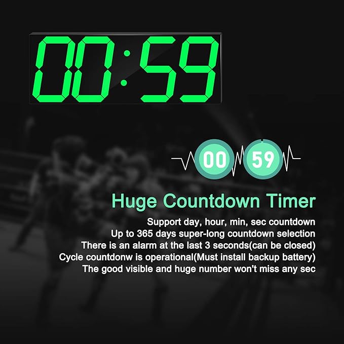CHKOSDA LED Large Digital Wall Clock, Oversize Wall Clock with 6” Numbers, Remote Control Count up/Countdown Timer Clock, Auto Dimmer, Big Calendar and Thermometer(Green)