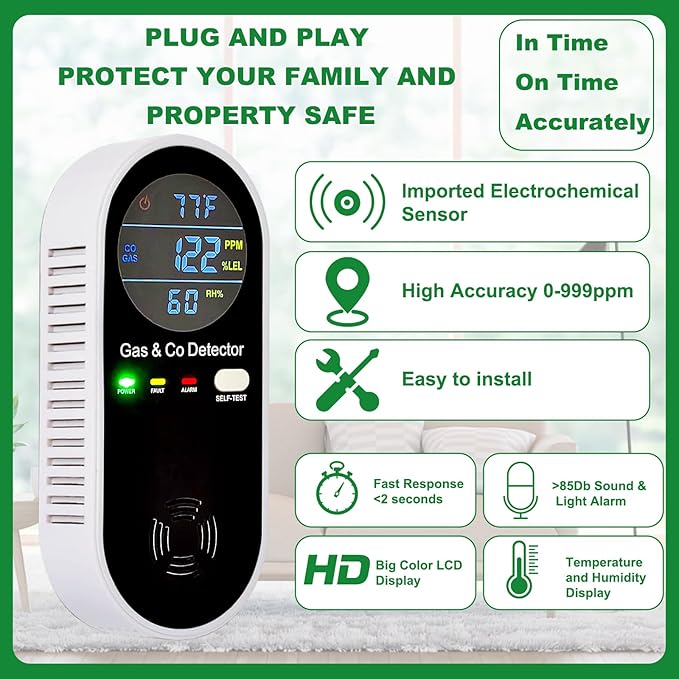 Combustible Gas & Carbon Monoxide Detector 4-in-1 Alarm with Temp/Humidity Sensor – Plug-in CO/Gas Leak Detector for Home, RV, Apartment Safety (Explosive Gas & CO Detection) 2-Pack
