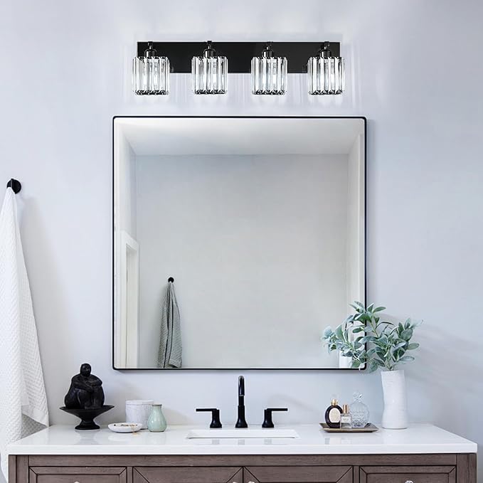 FDPBY Modern Bathroom Vanity Light 4-Lights Plating Black Crystal Bathroom Wall Light Vanity Light Fixtures