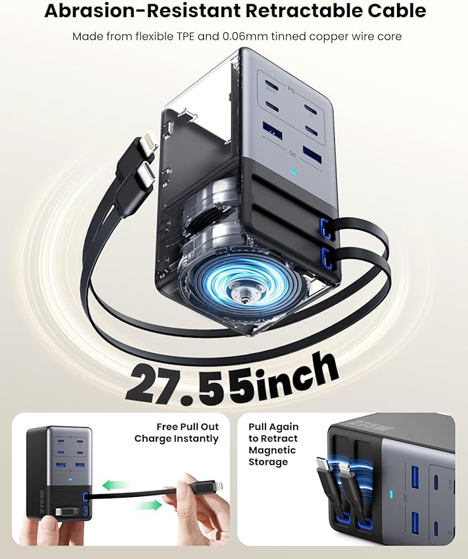 USB C Charger 275W Charging Station with Retractable Dual Cables,Upgraded 8-in-1 GaN IV Fast Charging Hub Block+PD QC PPS 65W Laptop Adapter for MacBook Pro/Air,iPad,iPhone 17/Pro,Galaxy S24,Dell etc