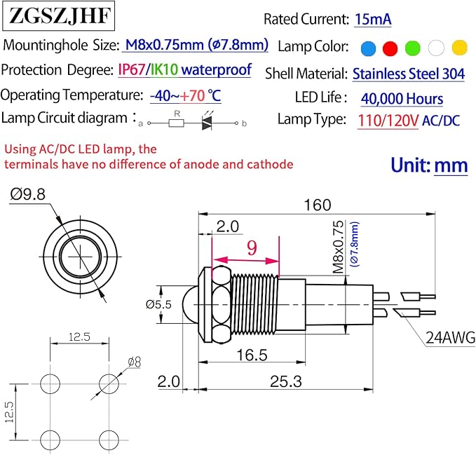 ZGSZJHF 8mm Indicator Light 0.31" Waterproof IP67 Metal Stainless Steel Signal Lamp 110V-120V AC/DC LED Pilot Dash Lamp Light Ring Large Red and Green 2Pcs
