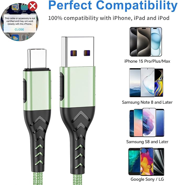 Durcord 2Pack 3ft USB A to USB C Cable - 3 Foot Premium Nylon Braided Type C Cord for Android Phone, Pad, Laptop - Light Green