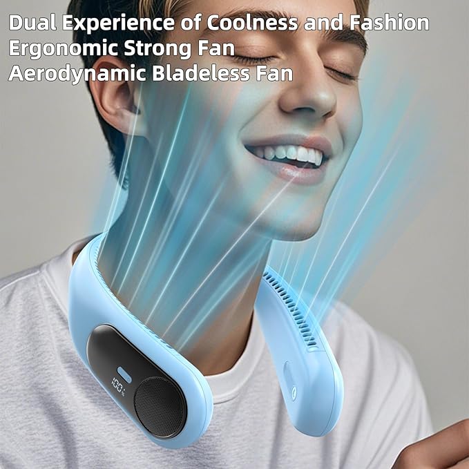 Portable Neck Fan,Personal Wearable Bladeless Fan,LED Display,4-Speeds,6000mAh USB Rechargeable,360° Strong Cooling Wind,Hands Free,White Elephant Gift,Christmas Gifts for Men Women (Light blue)