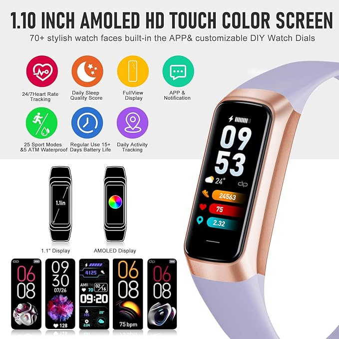 Fitness Tracker with 24/7 Heart Rate Blood Oxygen Sleep Monitor, 1.1" AMOLED Touch Screen Activity Tracker Smart Watches, IP68 Waterproof Step Counter Pedometer for Women Men