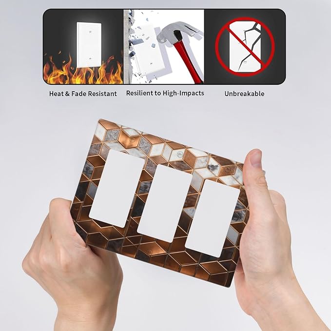 Bvtewkhz Brown Abstract Luxury Modern Geometric Cubic Marble 3 Gang Triple Rocker Decorative Light Switch Covers Electrical Faceplate Switch Plates for Bathroom Kitchen Home
