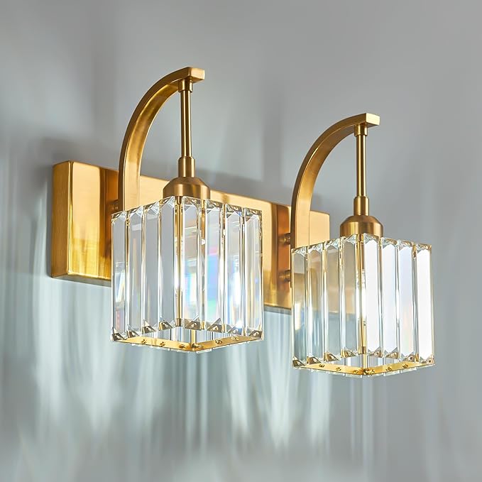 FDPBY Crystal Vanity Lights 2-Light Gold Wall Lamp Modern Crystal Bathroom Light Fixtures Over Mirror 13.77" Long Bathroom Wall Sconce