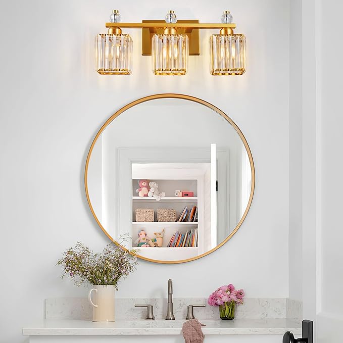 FDPBY Bathroom Vanity Lights 3-Light Modern Crystal Vanity Light Gold Bathroom Light Fixtures Over Mirror Crystal Bathroom Vanity Lighting Fixtures