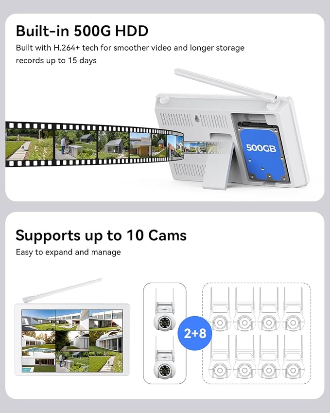 VORGUT Wireless Security Camera System with 10" LCD Monitor, 2PCS 3MP PTZ Outdoor Camera for Home Surveillance, 10CH NVR with 500G HDD,Auto Tracking,Human Detection,Color Night Vision,No Monthly Fee