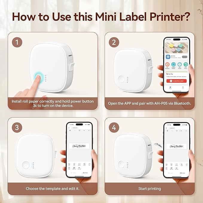 XenGro Mini Label Maker Machine with Tape AH-P05, Portable Bluetooth Mini Label Printer, Wireless Thermal Label Maker, Waterproof & Rechargeable, Built-in Cutter, for Home, Office, Kitchen – White