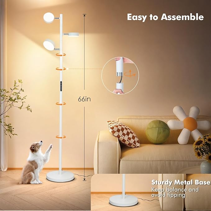 Benaep Tree Floor Lamp for Living Room - Modern White Standing Lamp, LED Floor Light with Remote & Touch, 3000K-6000K Dimmable for Bedroom Office Reading (3 Head)