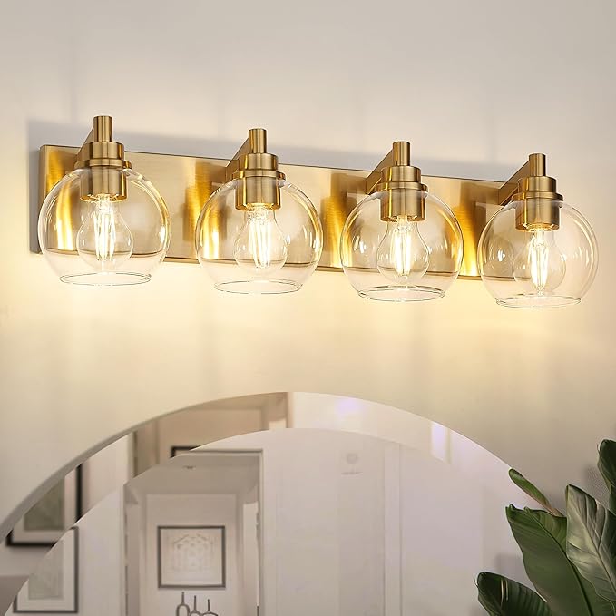 METWET Bathroom Light Fixtures, 4 Light Brushed Gold Vanity Light, 26 Inch Modern Wall Sconces with Globe Clear Glass Shade, Vanity Lighting Fixtures Over Mirror, VL195-BG-CL-4