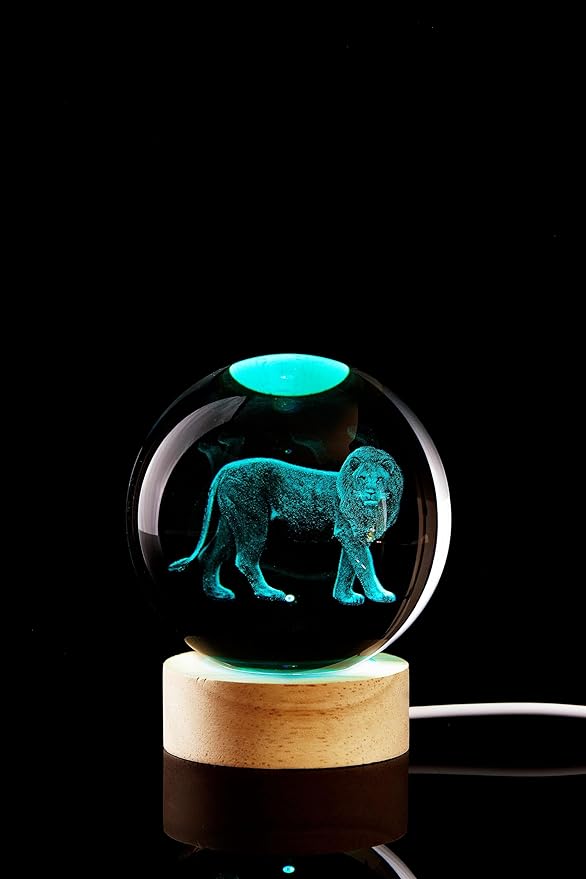 3D Crystal Ball Lamp with Lifelike LED Lion, 16 Color Changing Light, Dimmable Remote Control