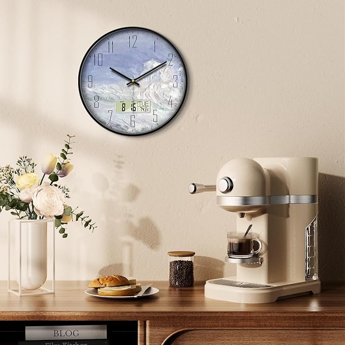 SCOAGE Digital Wall Clock Battery Operated with Day and Date Temperature Blue White Wave Calendar Clock with Large Display Silent for Room Bathroom Bedroom Living Room Farmhouse Decor 14 Inch