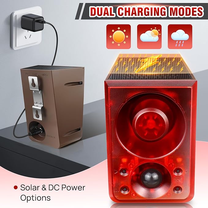 Solar Outdoor Motion Sensor Alarm, Dog Barking&Gunshot Sound,130db Loud Noise Maker,Support Recording,13 Kinds of Sound and Strobe Light to Deter Raccoons, Deer, Skunks, Bears, and Coyotes