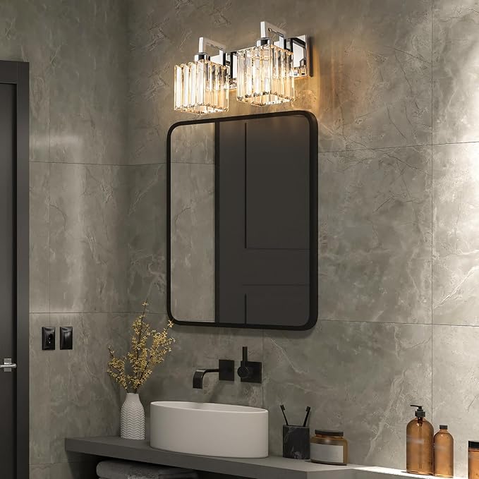 FDPBY Modern Bathroom Vanity Light 2-Lights Chrome Crystal Wall Lamp Bathroom Modern Crystal Vanity Lighting
