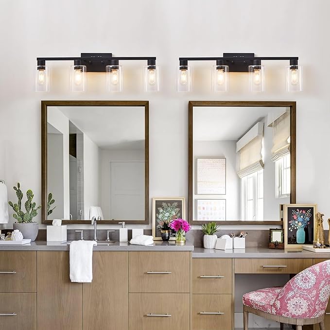 SOPEAS 4 Light Bathroom Vanity Light Fixtures, Black Farmhouse Bathroom Vanity Light with Clear Glass Shade, Bathroom Lighting Fixtures Over Mirror, Vanity Lights for Bathroom Mirror