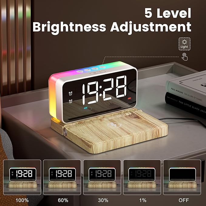 CHOUYONL Alarm Clocks for Bedrooms with Wireless Charger Station, Bluetooth Speaker, Woodgrain, White Noise Sound Machines, RGB Night Lights, Ideal Gift for Adult Man Women Teen Girls Boys